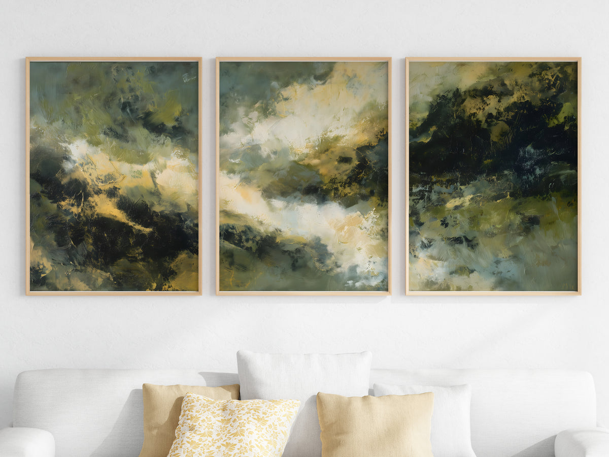 Sage Storm Panorama — close-up detail — rich earthy brushwork in deep sage, olive, and warm amber passages