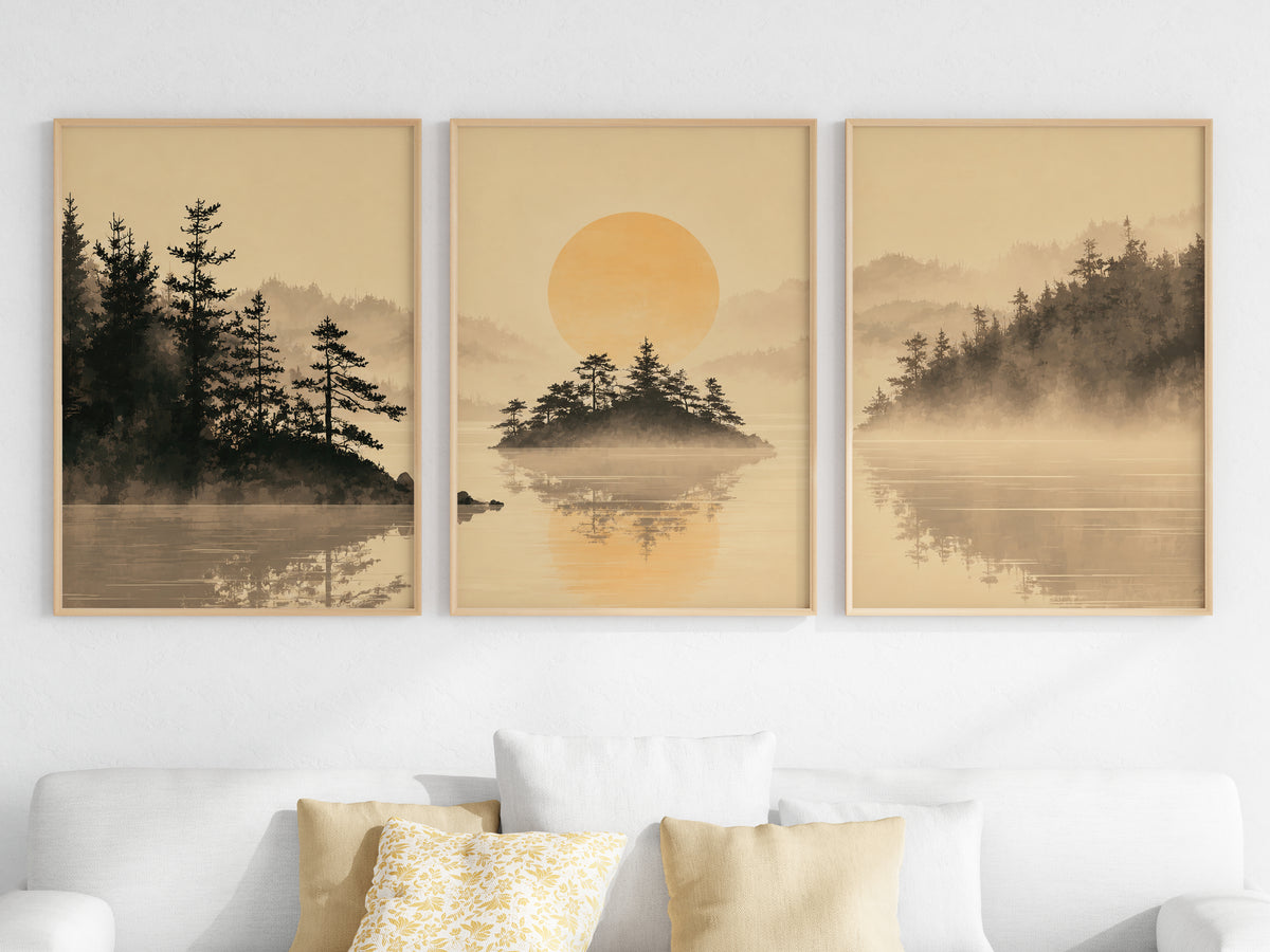 Close-up of Misty Lake Pines panorama — amber and mist palette detail