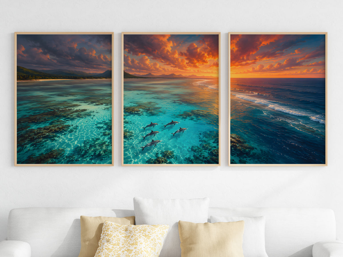 Close-up detail of Dolphins In The Lagoon panorama — teal lagoon and dolphin palette