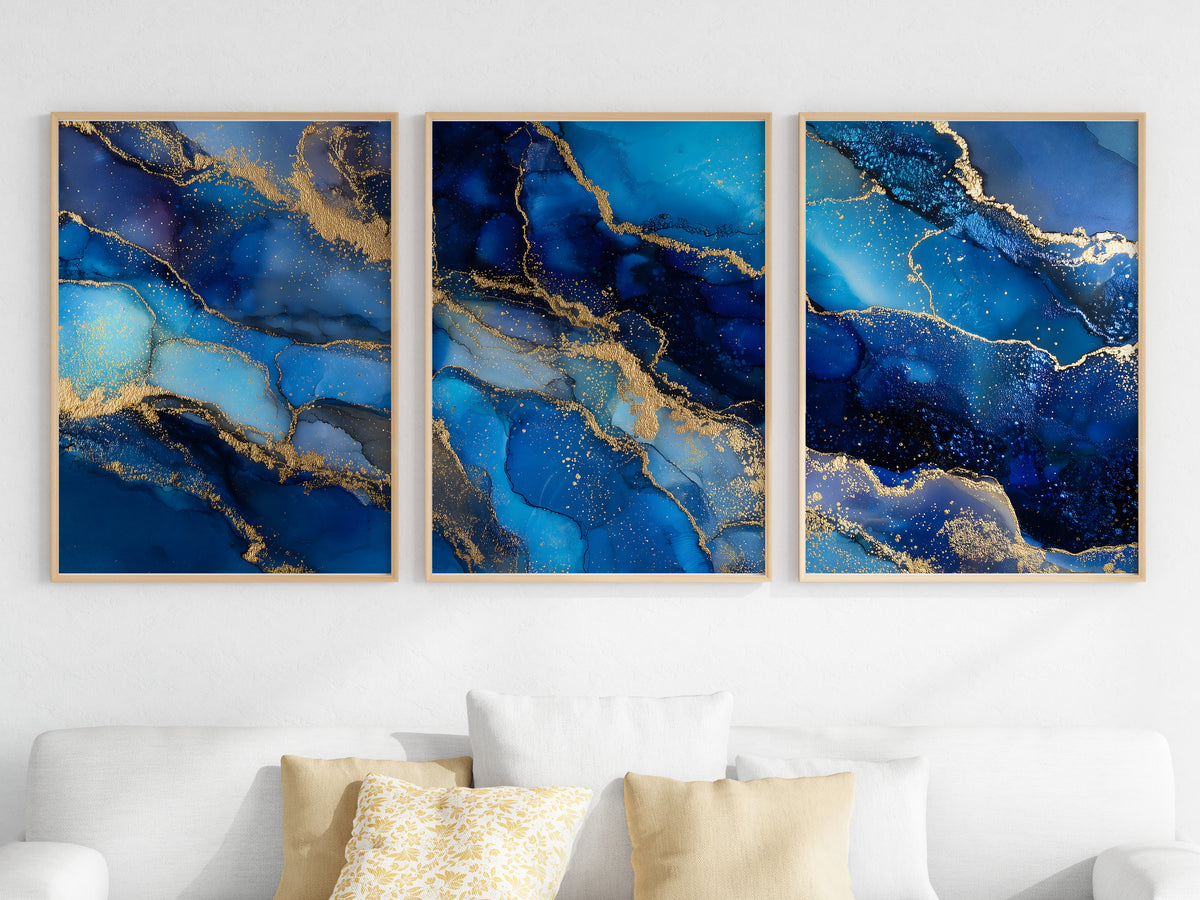Cobalt Gold Panorama — close-up detail — gold spatter and translucent cobalt ink layering