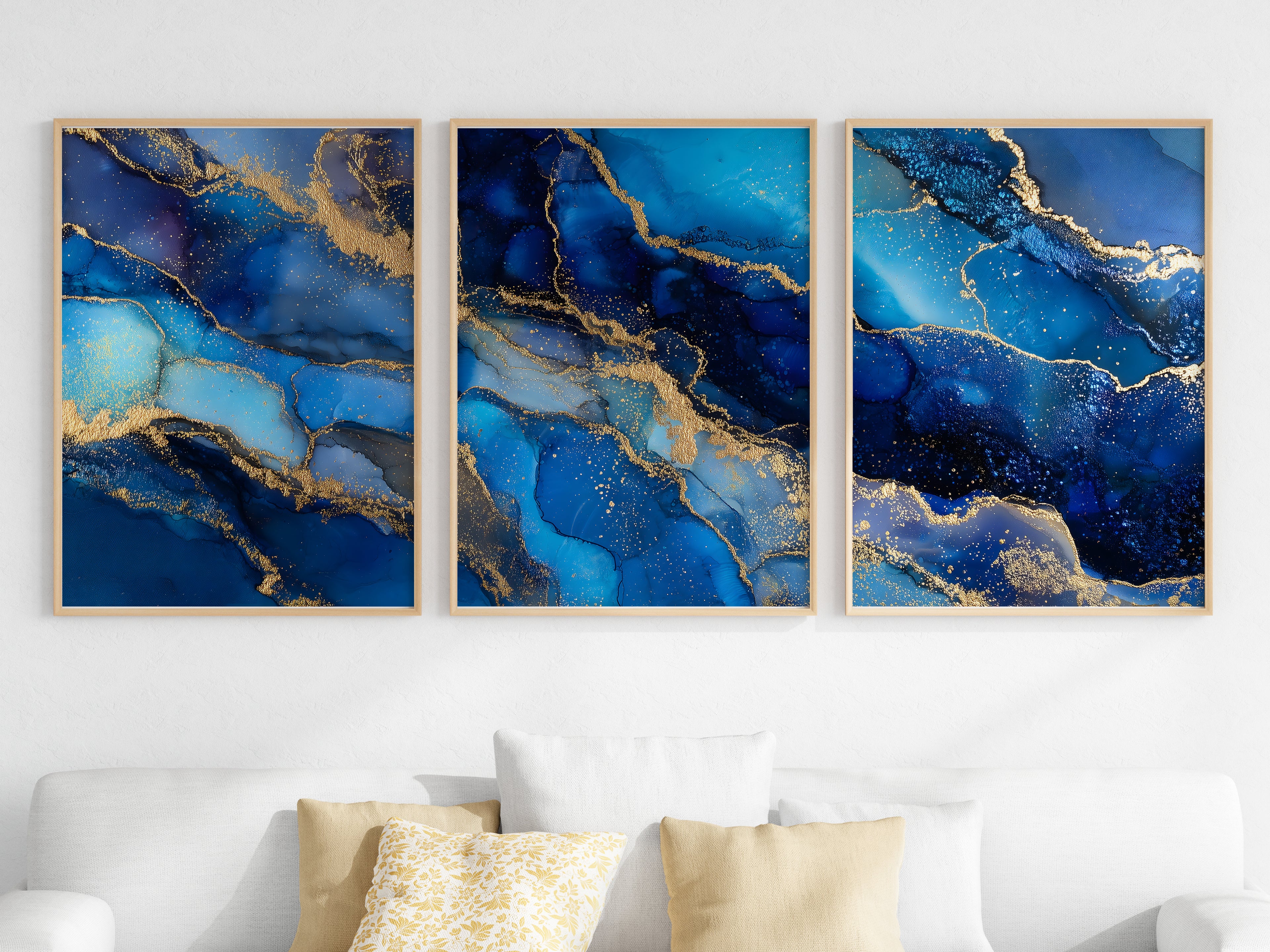 Cobalt Gold Panorama — close-up detail — gold spatter and translucent cobalt ink layering