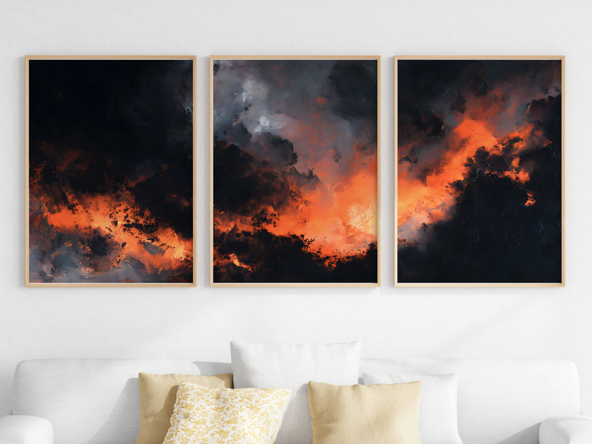 Ember Horizon Panorama — close-up detail — concentrated incandescent ember light and dark charcoal painterly depth