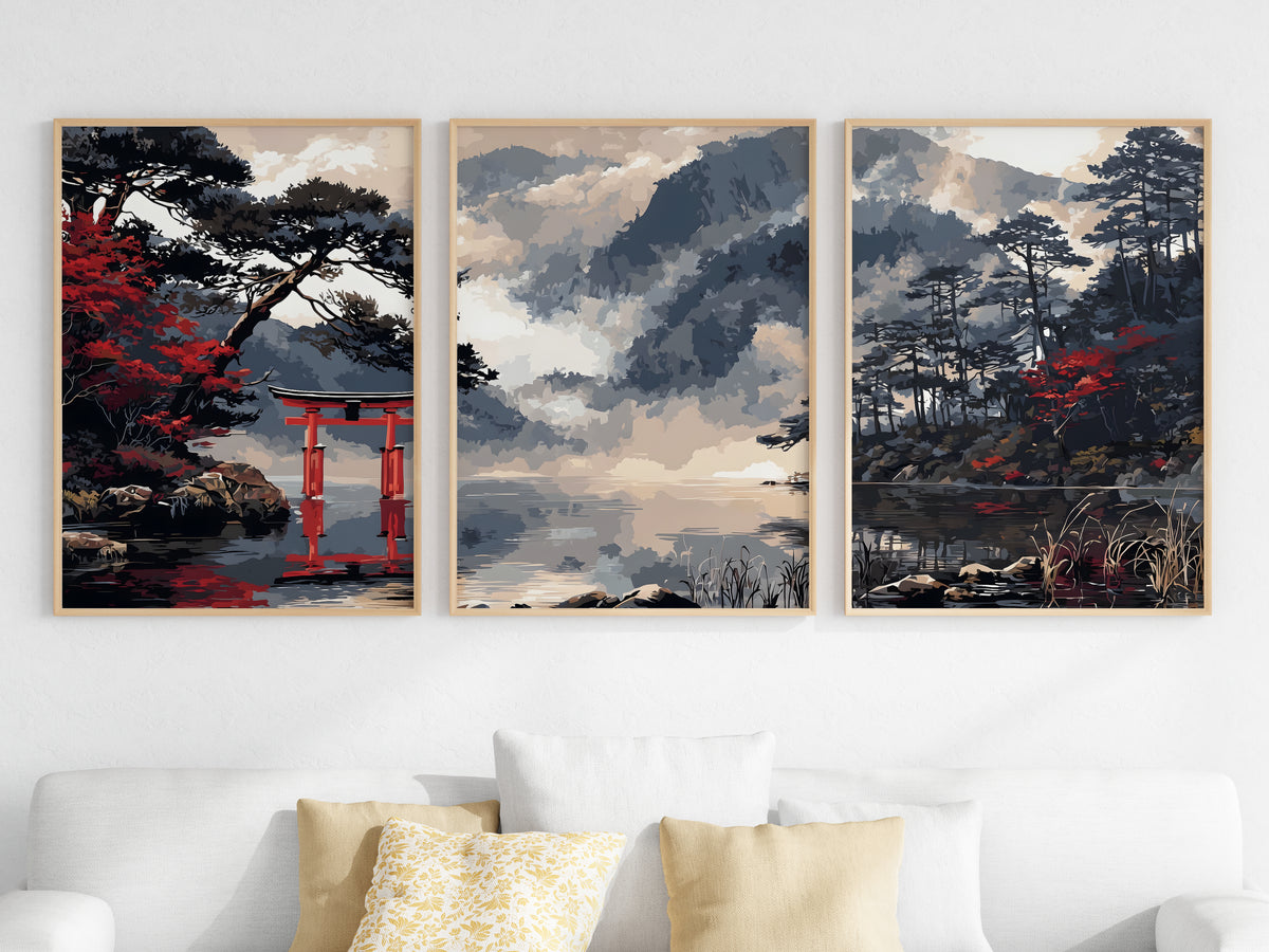 Silent Torii Inlet — close-up showing gnarled pine framing and mountain mist