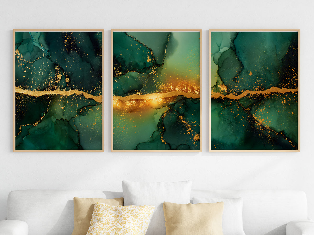 Emerald Gold Panorama — close-up detail — antique gold veining and translucent emerald ink layers