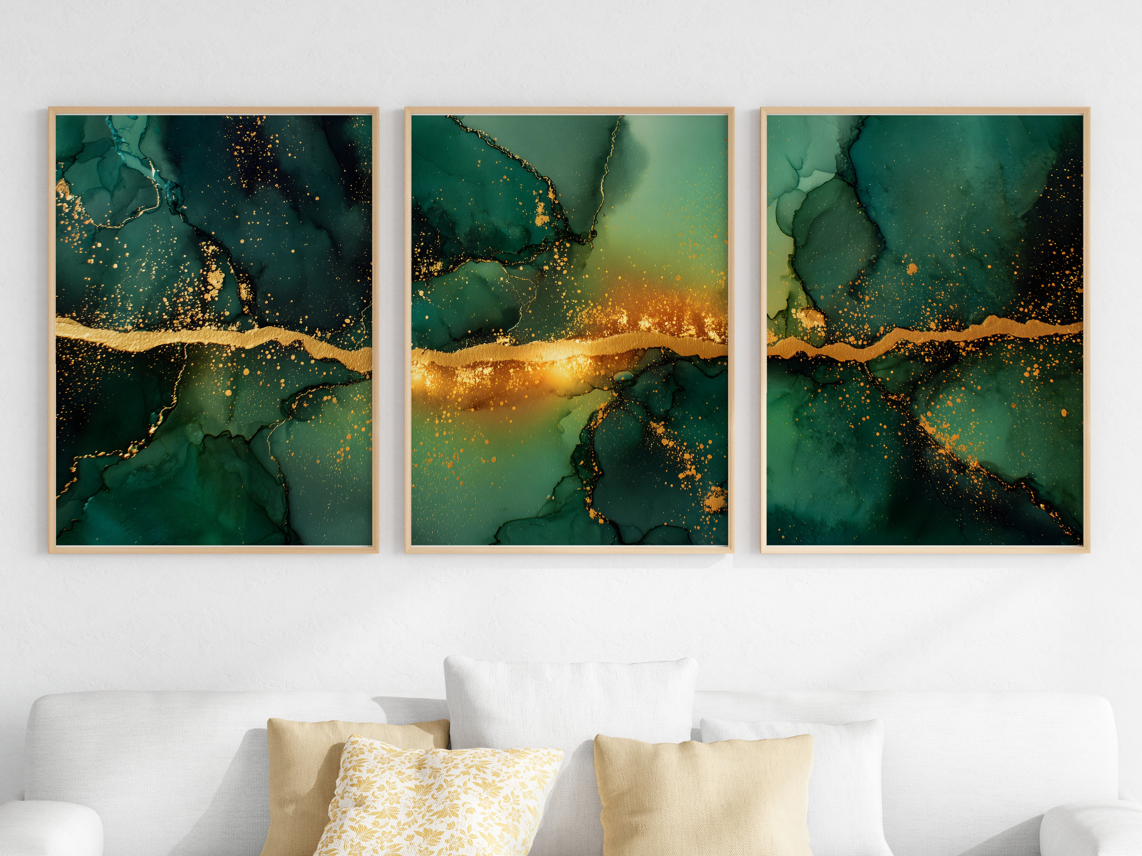 Emerald Gold Panorama — close-up detail — antique gold veining and translucent emerald ink layers