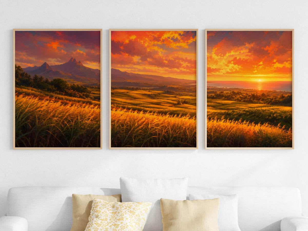 Close-up detail of Sugarcane Fields at Sunset panorama — golden ochre and amber sunset palette