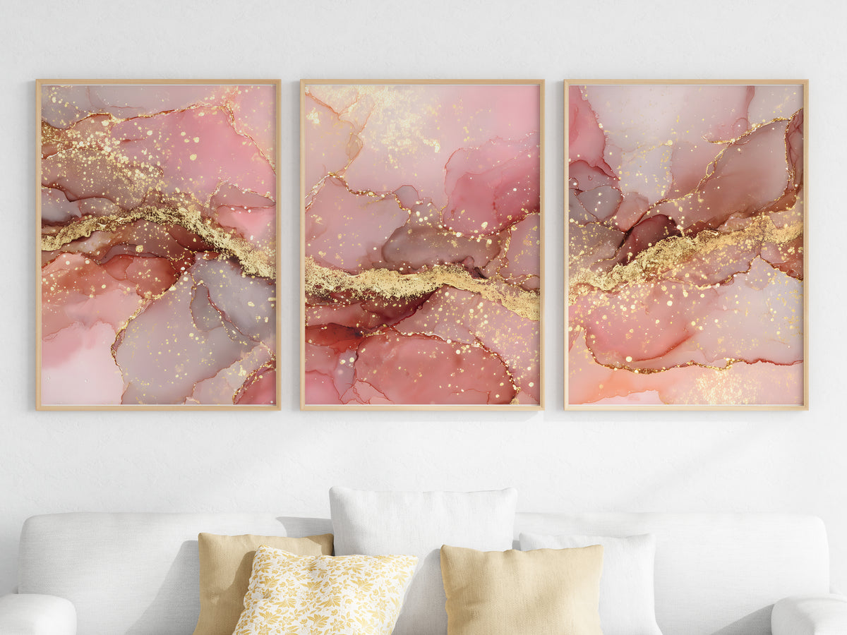Pearl Gold Panorama — close-up detail — scattered antique gold dust and translucent blush ink layering