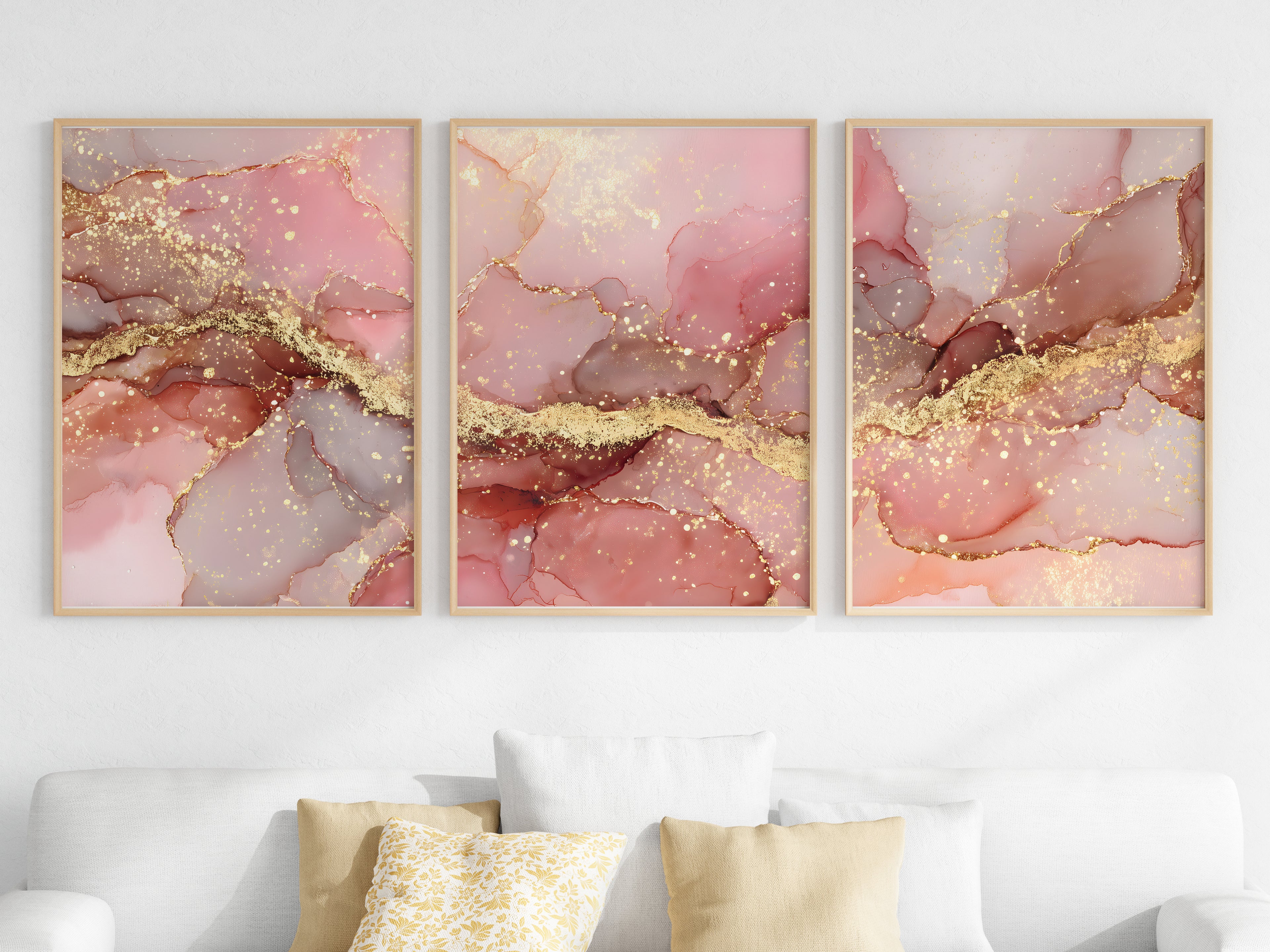 Pearl Gold Panorama — close-up detail — scattered antique gold dust and translucent blush ink layering