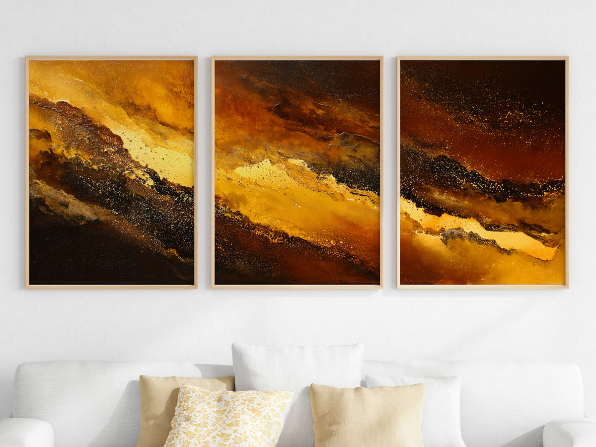 Molten Surge Panorama — close-up detail — fine gold spatter and warm burnt sienna painterly depth