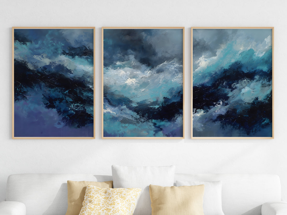 Midnight Storm Panorama — close-up detail — rich impasto brushwork in deep navy, teal, and violet