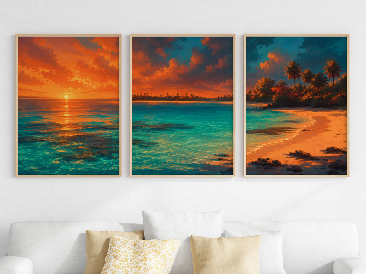 Close-up detail of Blue Bay Reef Light panorama — turquoise reef and peach sky palette