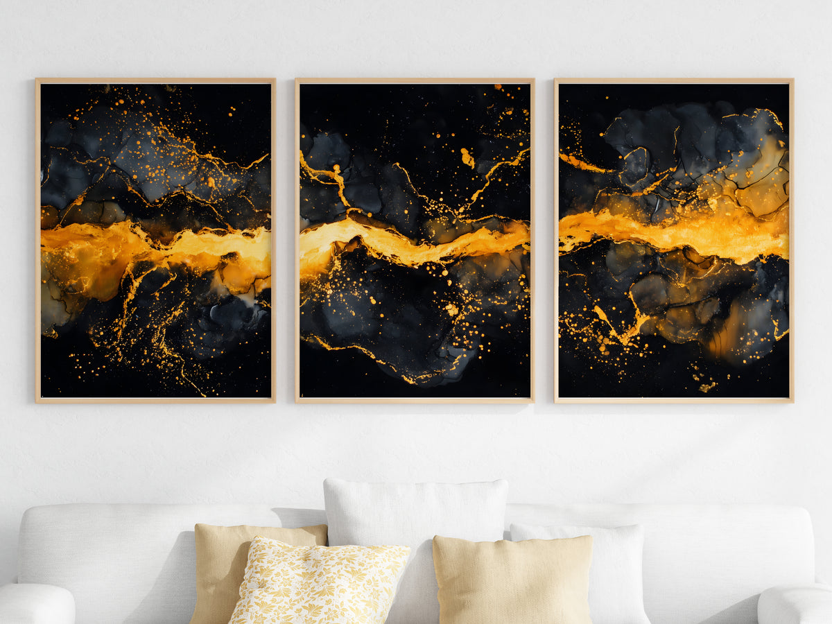 Obsidian Gold Panorama — close-up detail — antique gold spatter and obsidian ink depth