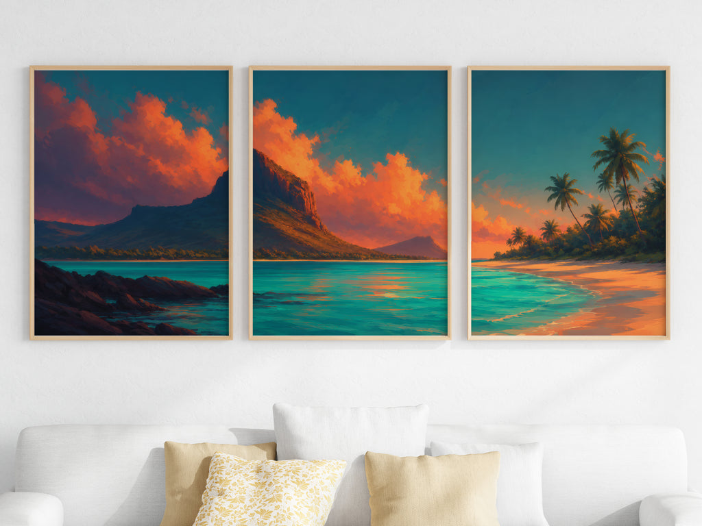 Close-up detail of Le Morne Ember Lagoon panorama — ember orange and teal lagoon palette