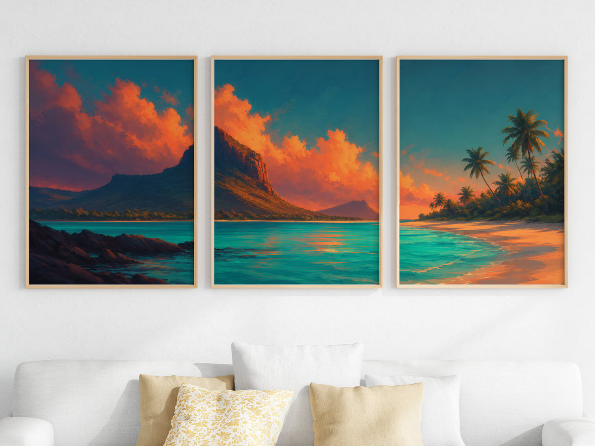 Close-up detail of Le Morne Ember Lagoon panorama — ember orange and teal lagoon palette