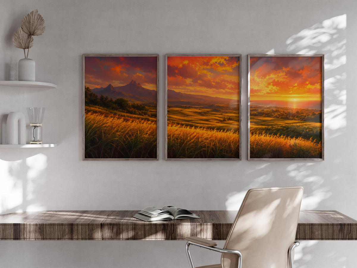 Sugarcane Fields at Sunset panorama in a secondary lifestyle interior — printable Mauritius triptych for feature walls