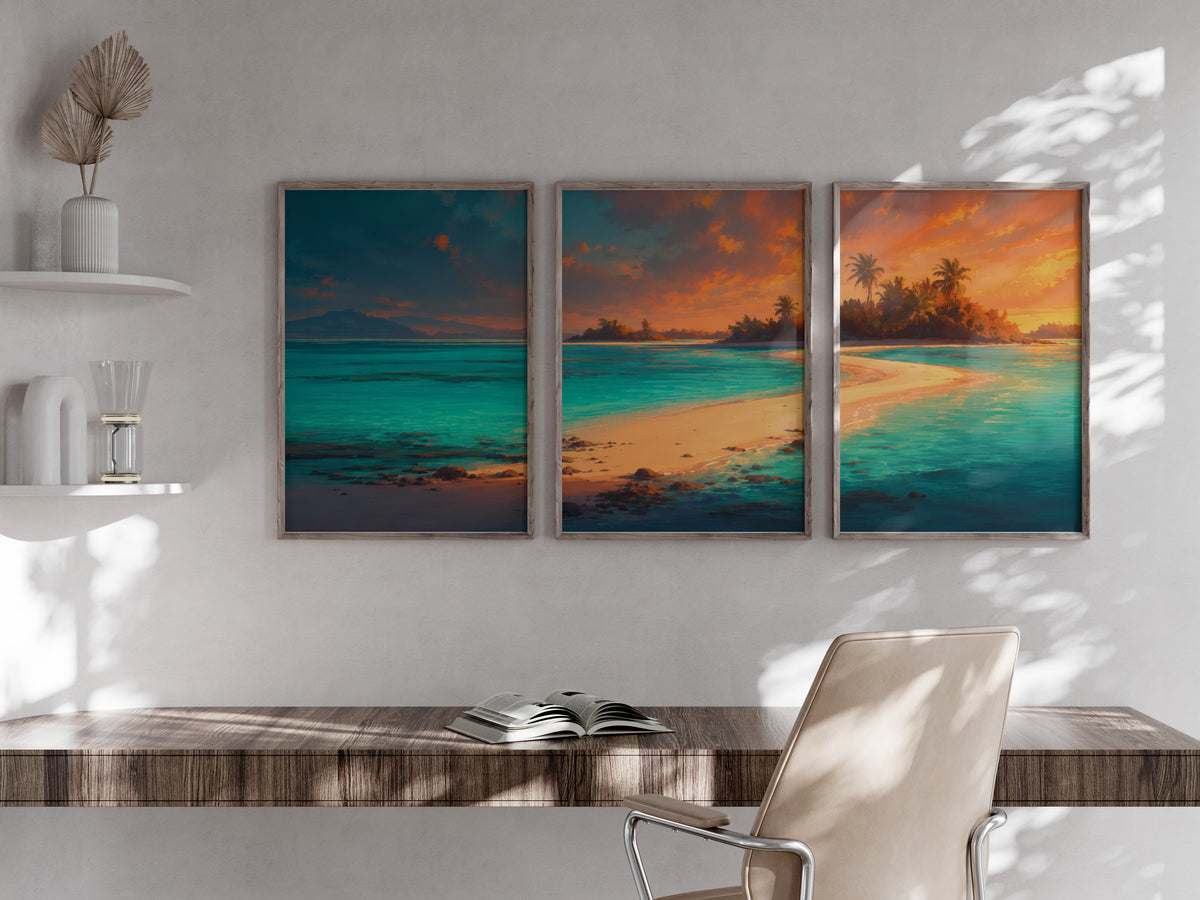 Île aux Cerfs Coral Lagoon panorama in a secondary lifestyle interior — printable Mauritius triptych for feature walls