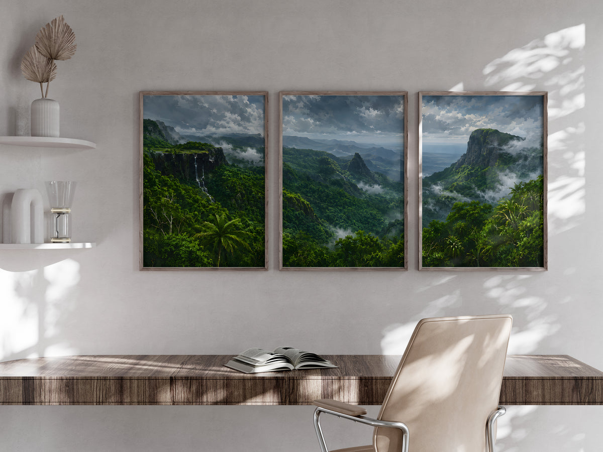 Black River Gorges Canopy panorama in a secondary lifestyle interior — printable Mauritius triptych for feature walls