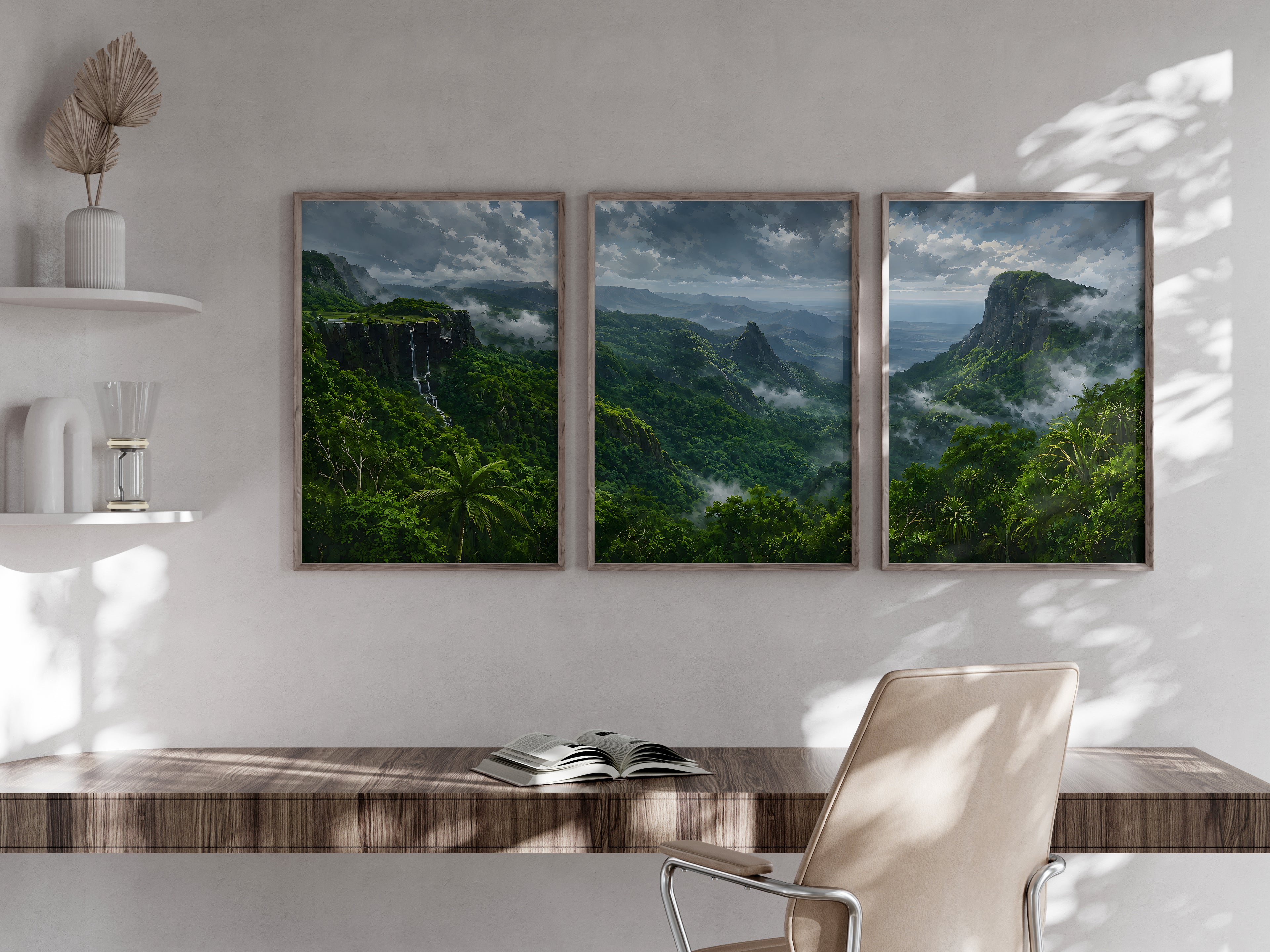 Black River Gorges Canopy panorama in a secondary lifestyle interior — printable Mauritius triptych for feature walls