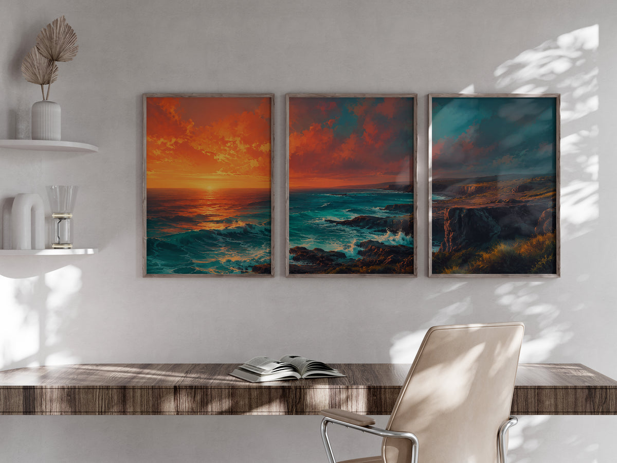 Gris Gris Ocean Cliffs panorama in a secondary lifestyle interior — printable Mauritius triptych for feature walls