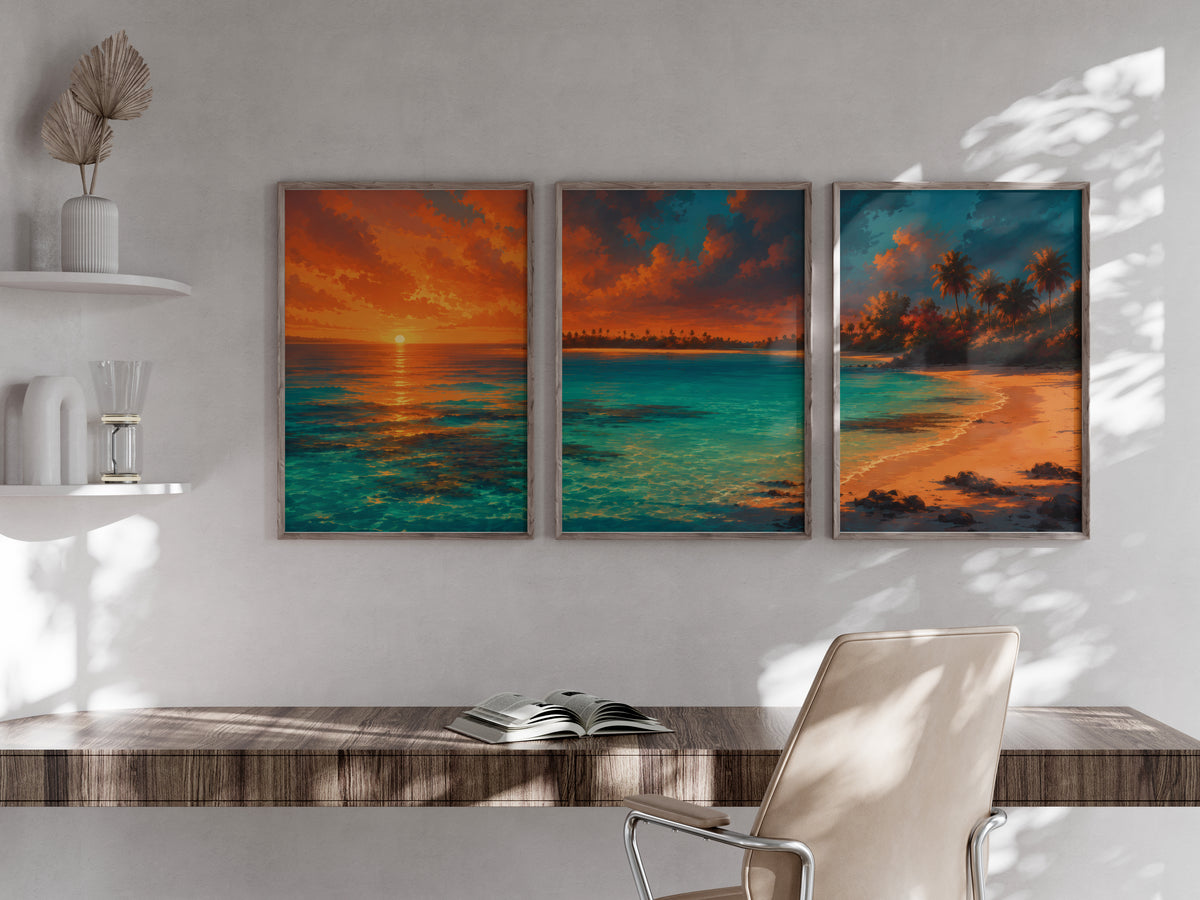 Blue Bay Reef Light panorama in a secondary lifestyle interior — printable Mauritius triptych for feature walls