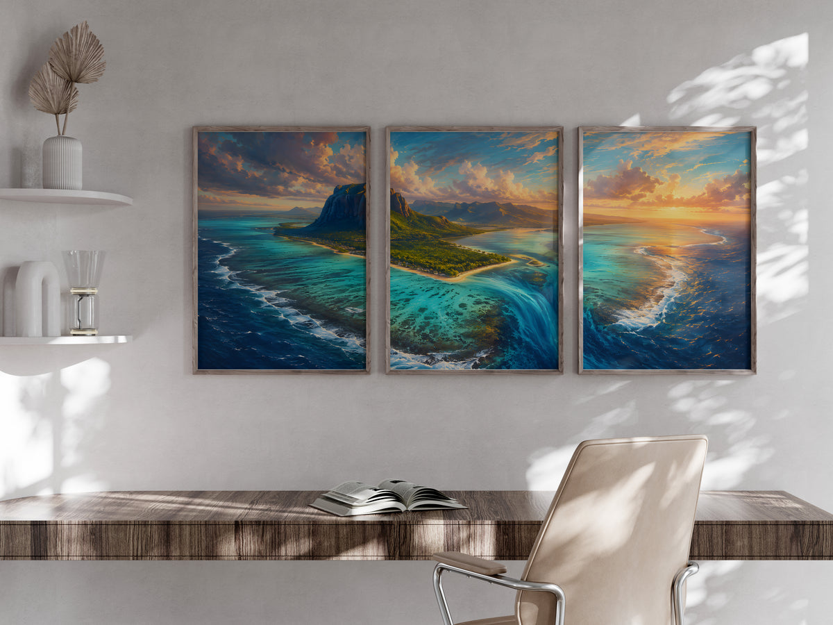 Le Morne Aerial Reef panorama in a secondary lifestyle interior — printable Mauritius triptych for feature walls