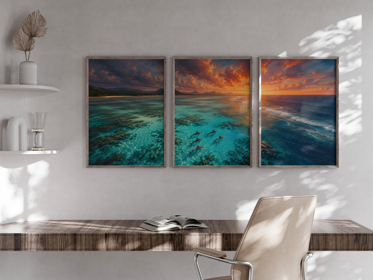 Dolphins In The Lagoon panorama in a secondary lifestyle interior — printable Mauritius triptych for feature walls