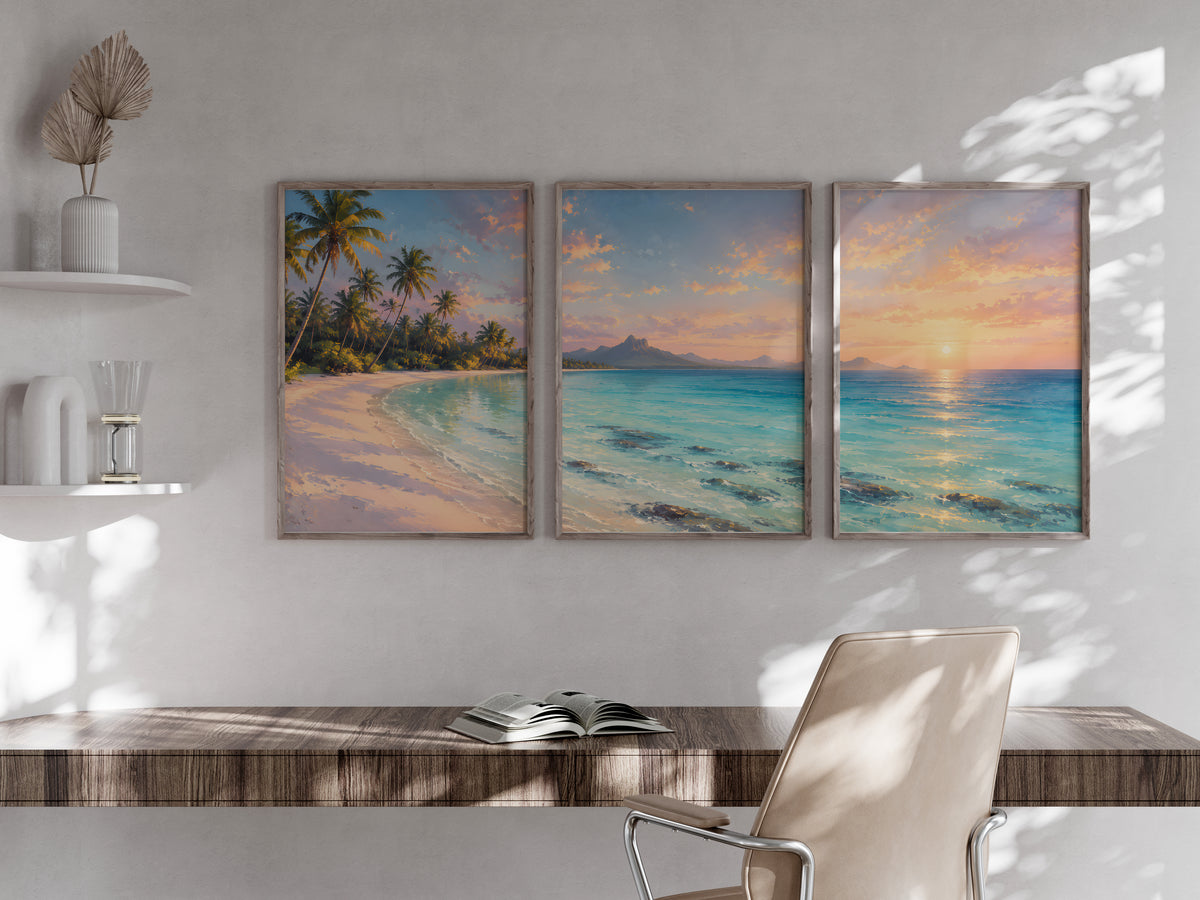 Trou aux Biches Dawn Lagoon panorama in a secondary lifestyle interior — printable Mauritius triptych for feature walls