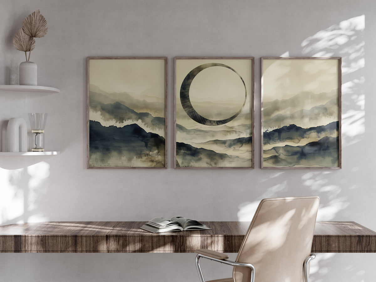 Enso Misty Mountain Horizon panorama in a secondary lifestyle interior — Japandi printable triptych for feature walls