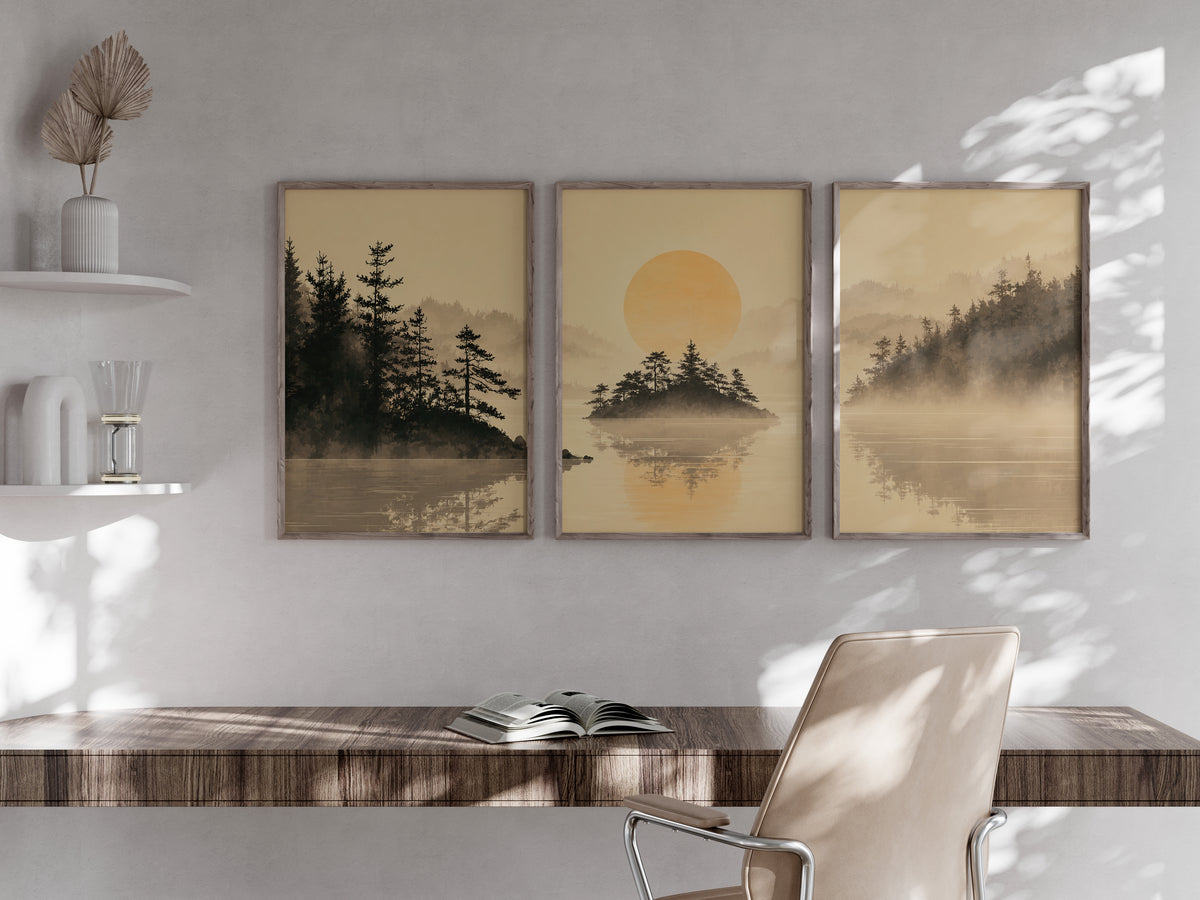 Misty Lake Pines panorama in a secondary lifestyle interior — Japandi printable triptych for feature walls
