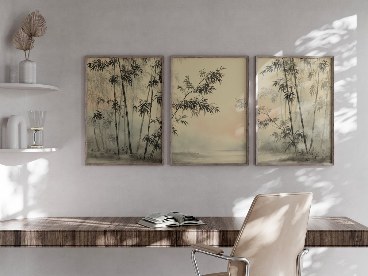 Bamboo Mist Forest panorama in a secondary lifestyle interior — Japandi printable triptych for feature walls