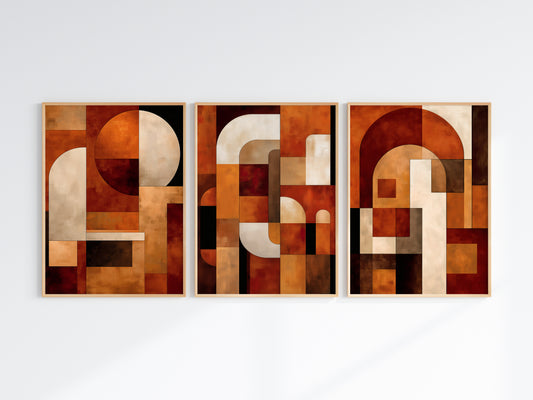 Close-up of Terracotta Construct Print 1 showing circle and arch forms in terracotta, cream ivory and espresso