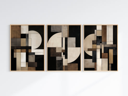 Close-up of Midnight Form Print 1 showing interlocking block grid in near-black, ivory, ochre and espresso with right-edge circle detail