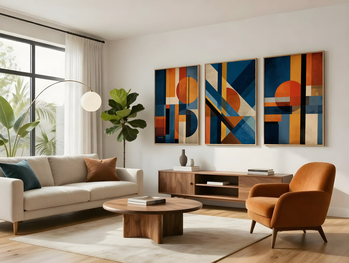 Cobalt Clay Planes set of 3 abstract geometric prints displayed together in a styled gallery-modern interior