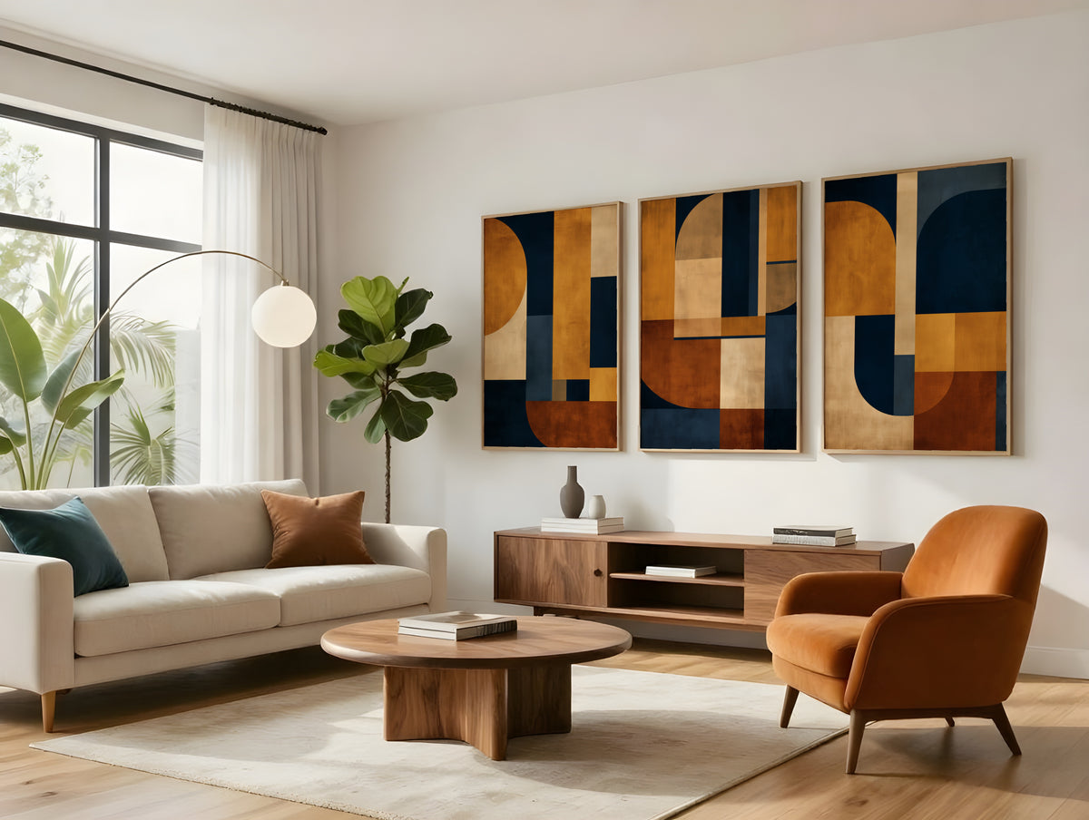 Navy Ochre Grid abstract geometric set of 3 shown together on a neutral background displaying full palette and composition