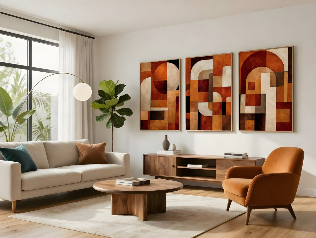 Terracotta Construct abstract geometric set of 3 shown together on a neutral background displaying full palette and composition