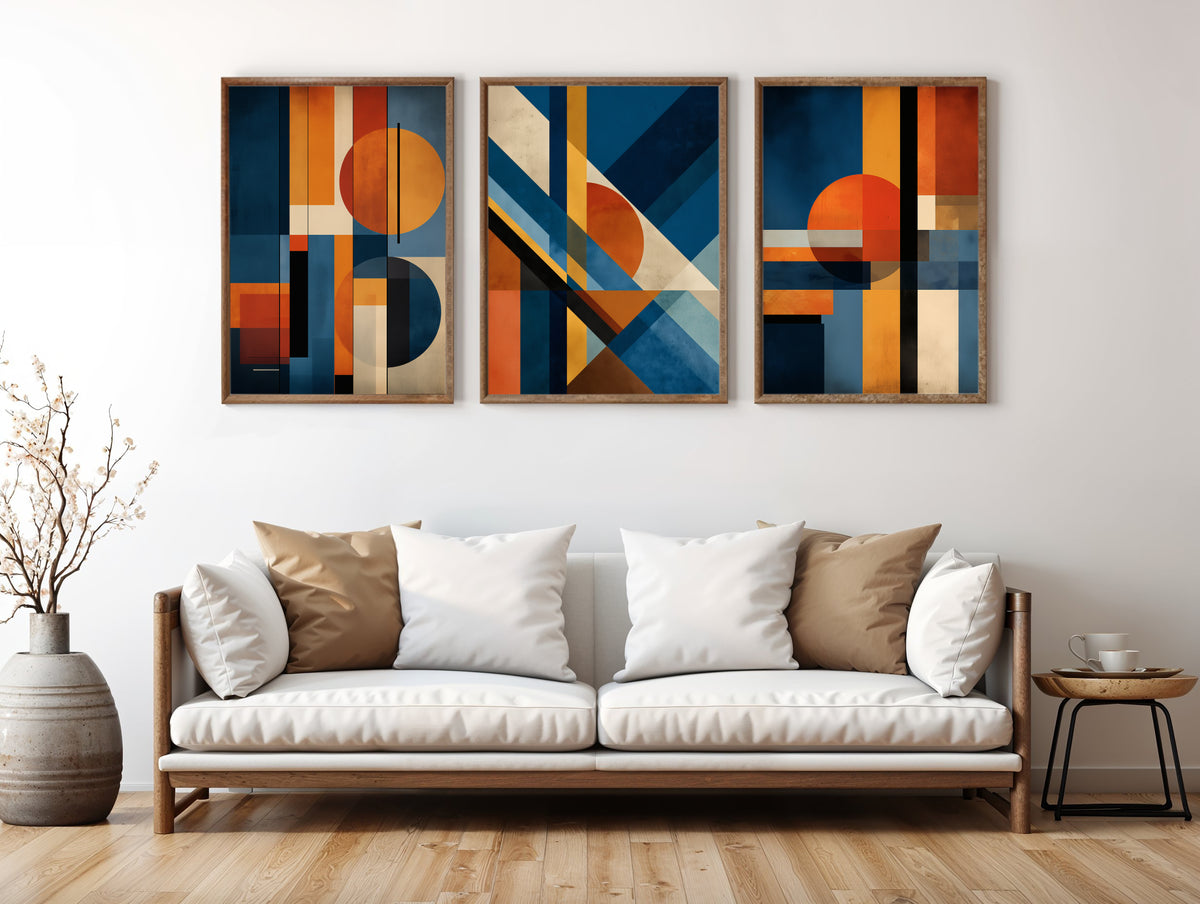 Cobalt Clay Planes set of 3 printable wall art styled in a secondary interior mockup