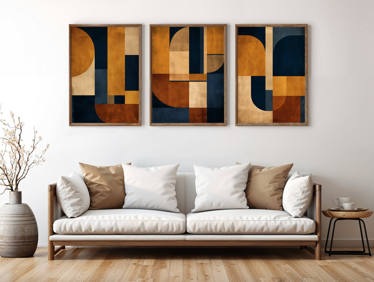 Navy Ochre Grid set of 3 printable wall art styled in a secondary interior mockup