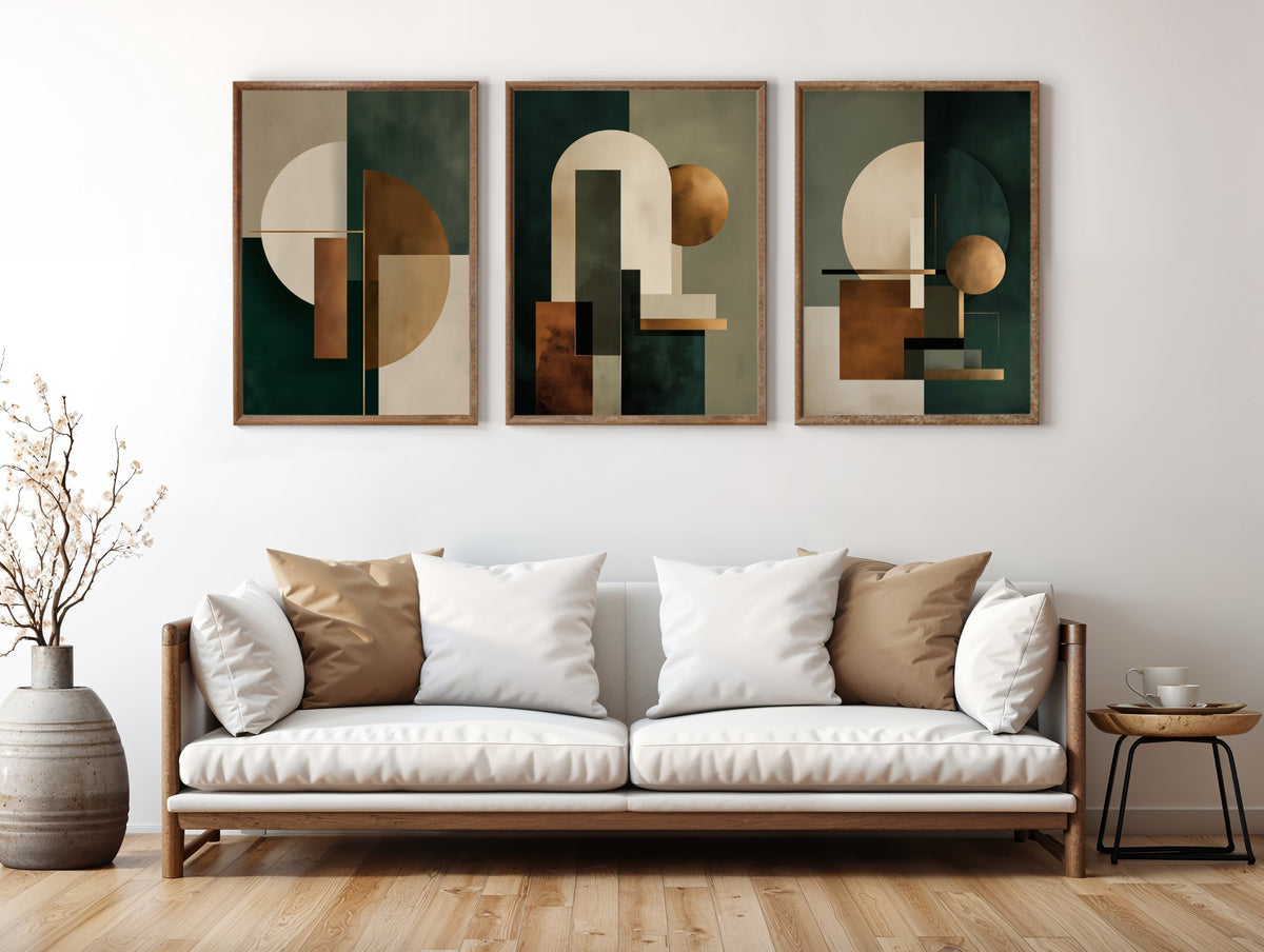 Verdant Form Balance set of 3 printable wall art styled in a secondary interior mockup
