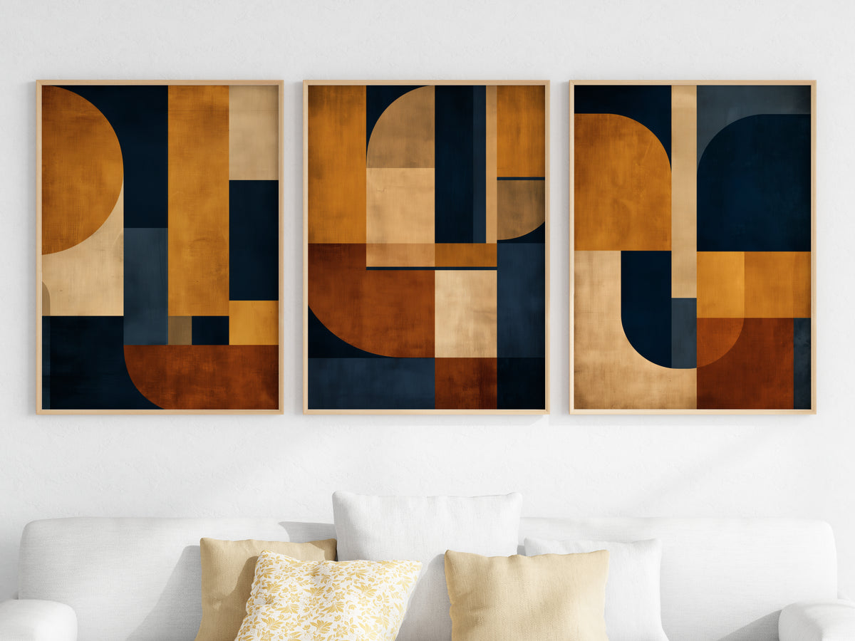 Close-up of Navy Ochre Grid Print 2 highlighting ivory and burnt sienna curved forms with vertical block structure