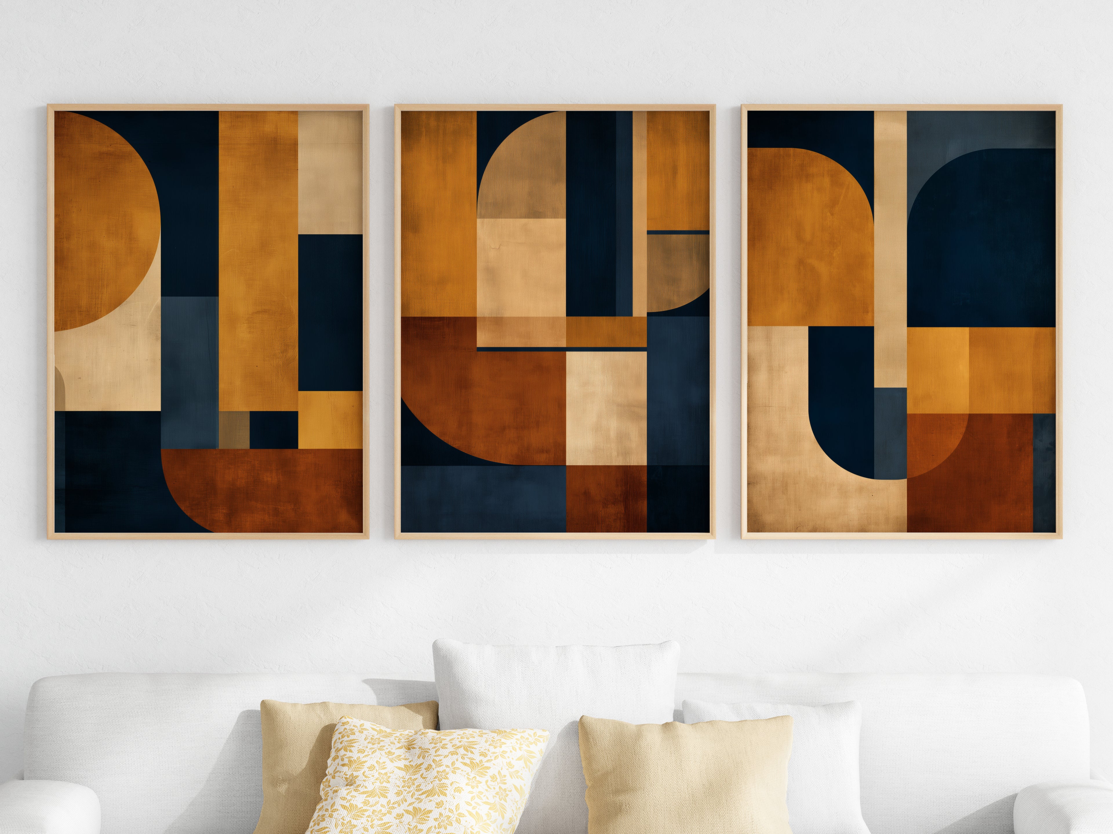 Close-up of Navy Ochre Grid Print 2 highlighting ivory and burnt sienna curved forms with vertical block structure