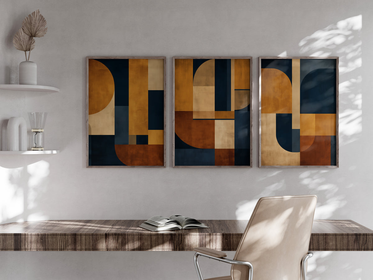 Navy Ochre Grid printable set of 3 shown above furniture to demonstrate scale and wall placement