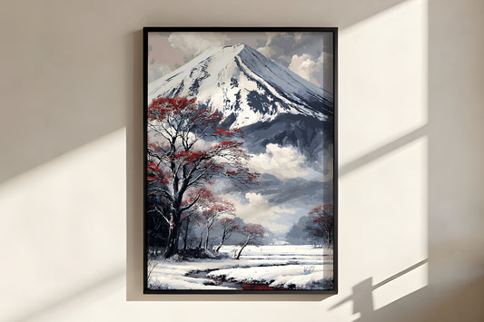 Close-up of Winter Fuji Veil showing bare winter tree branch work and soft cloud veil at mountain base