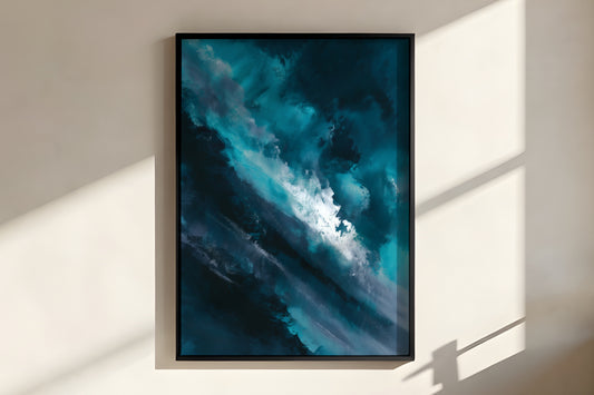Close-up of Petrol Storm Passage showing rich layered gestural brushwork in deep petrol blue and navy-teal