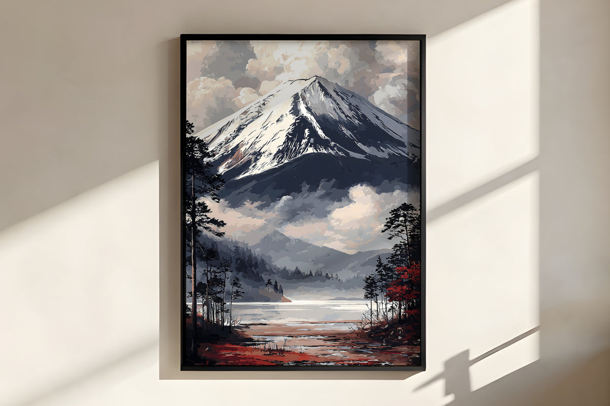 Close-up of Fuji Mist Horizon showing snow and rock face detail on Fuji peak and pine silhouette framing