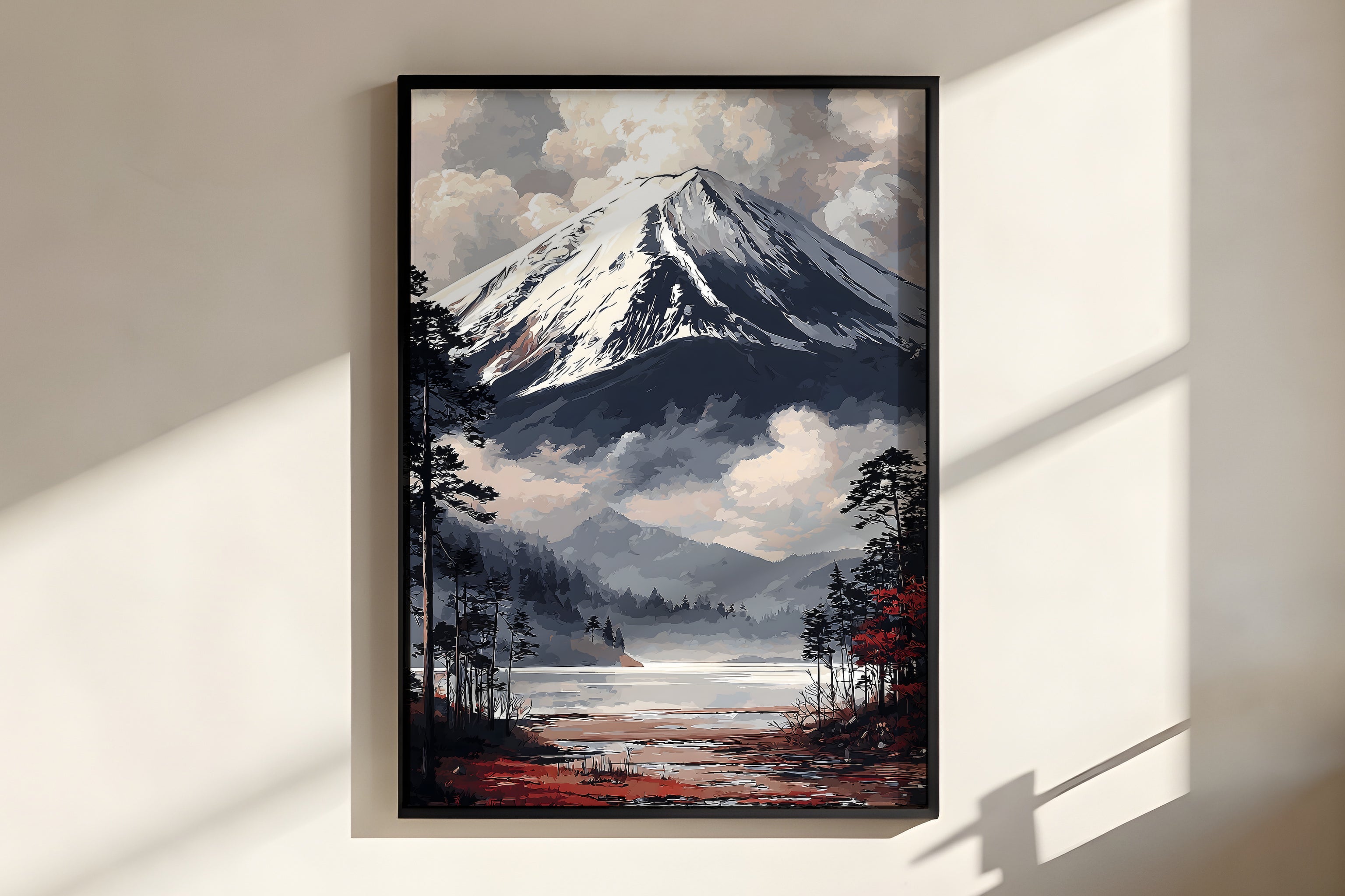 Close-up of Fuji Mist Horizon showing snow and rock face detail on Fuji peak and pine silhouette framing