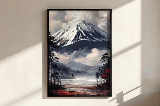 Close-up of Fuji Mist Horizon showing snow and rock face detail on Fuji peak and pine silhouette framing