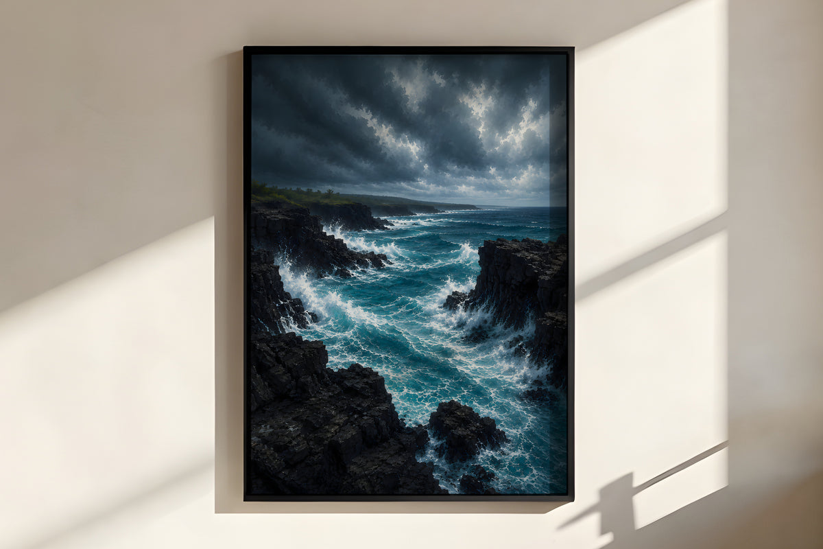 Close-up of Black Volcanic Coastline showing dark basalt and crashing teal surf detail