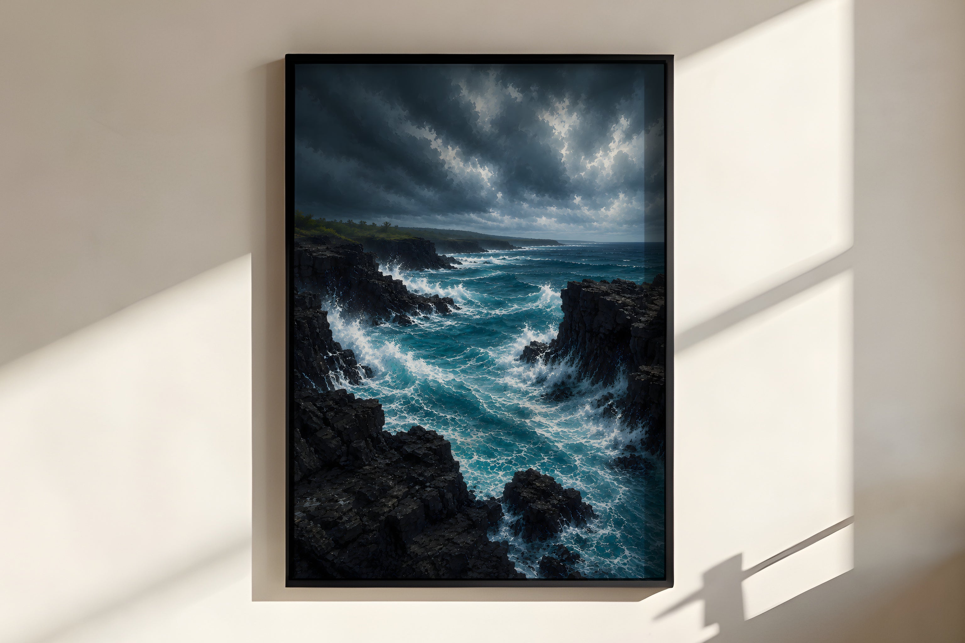Close-up of Black Volcanic Coastline showing dark basalt and crashing teal surf detail
