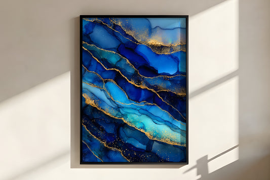 Close-up of Cobalt Gold showing layered cobalt and navy strata with organic gold fault line veining