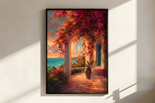 Close-up of Bougainvillea Veranda Light showing magenta blossom and warm stone arch detail